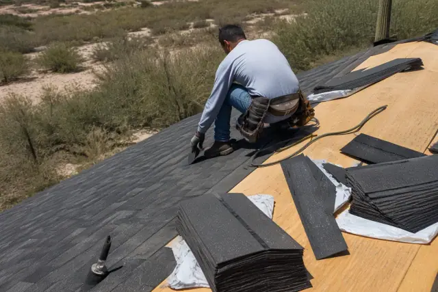A technician installing shingles on a steep roof in Marana, AZ under bright sunlight.
