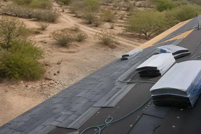 Technician installing shingle roofing on a steep house roof in Sahuarita, AZ.