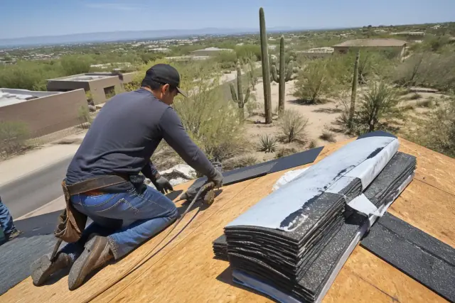A contractor installs shingle roofing on a steep house roof in Tucson, AZ, with saguaro cacti in the background.