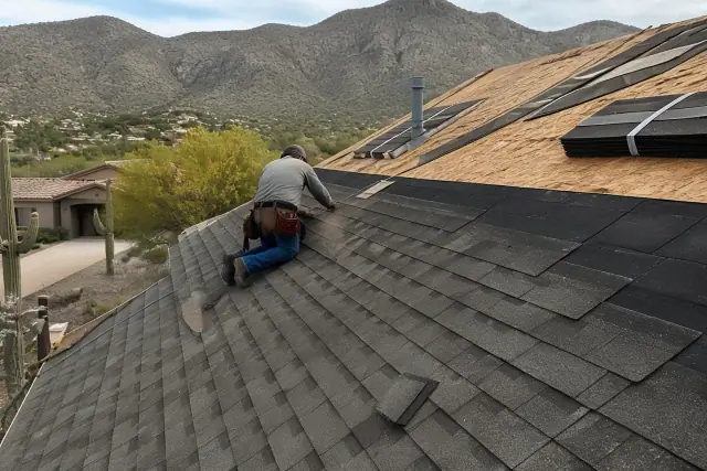 Technician kneeling on a steep shingled roof installing materials in Catalina Foothills, AZ.