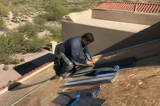 A roofing technician kneeling on a steep shingle roof in Green Valley, AZ, securing materials to the decking.