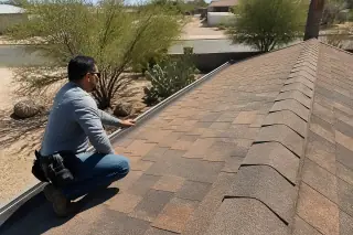 Technician inspecting a finished shingle roof with ridge caps and prickly pear cacti in a Tucson, AZ yard.