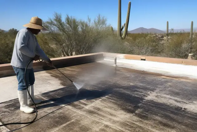 A thick layer of white silicone roof coating being applied to a weathered rooftop in Tucson, AZ with desert scenery.