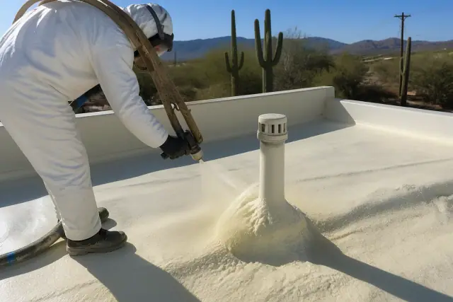 Contractor applying polyurethane foam insulation around a roof penetration in Tucson, AZ.