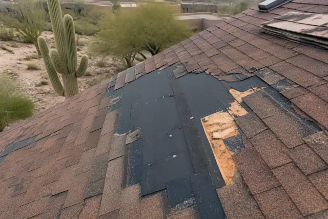 Storm-damaged roof with missing shingles and exposed felt paper on a house in Tucson, AZ, with desert landscape background.