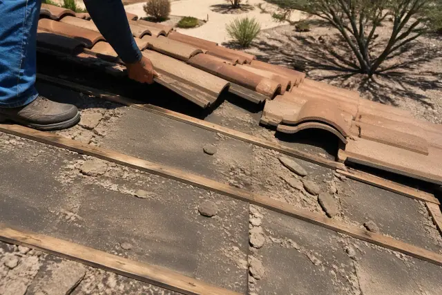 Roofer inspecting a clay tile and underlayment roof cross-section on a sunny day in Tucson, AZ.