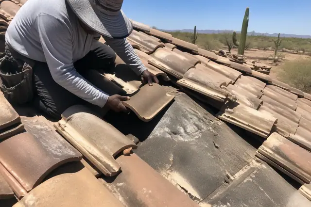 A roofer inspecting a tile roof leak with exposed underlayment in a desert landscape in Tucson, AZ.