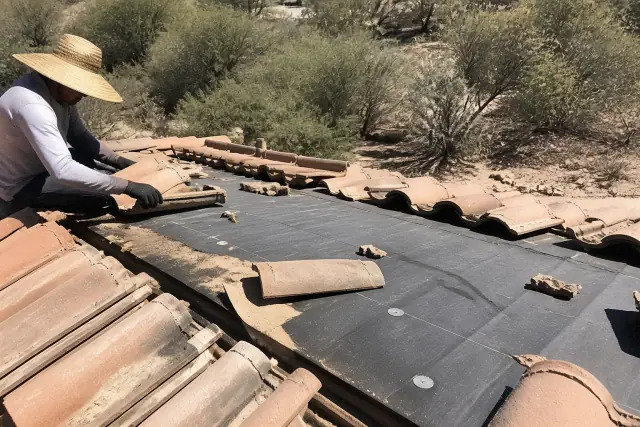 A roofer inspecting exposed underlayment and clay tiles on a roof in Green Valley, AZ.
