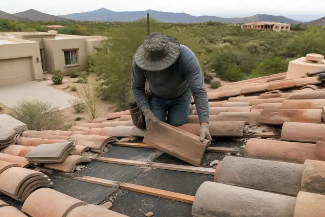 Roofer inspecting underlayment after removing clay roof tiles at a home in Tucson, AZ.