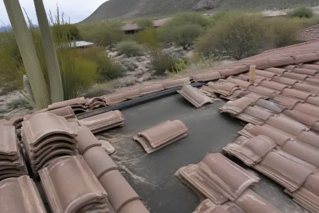 Tile roof repair with clay tiles and underlayment visible at a home in Catalina Foothills, AZ, with desert landscaping.
