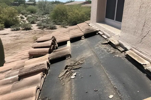 A roofer inspecting and removing clay tiles on a house with a stucco exterior in Marana, AZ.