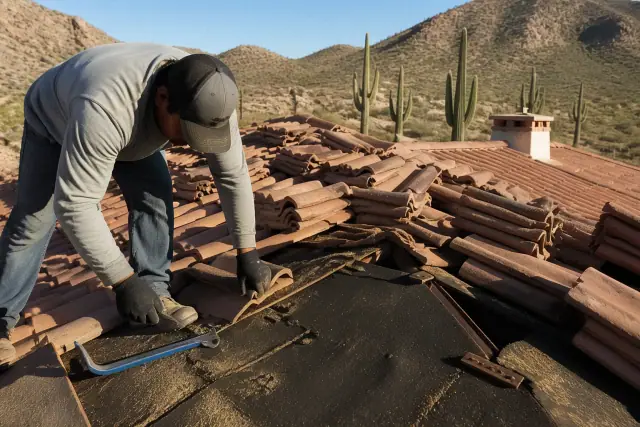 Roofer inspecting clay tiles and waterproof underlayment on a sun-drenched roof in Oro Valley, AZ.