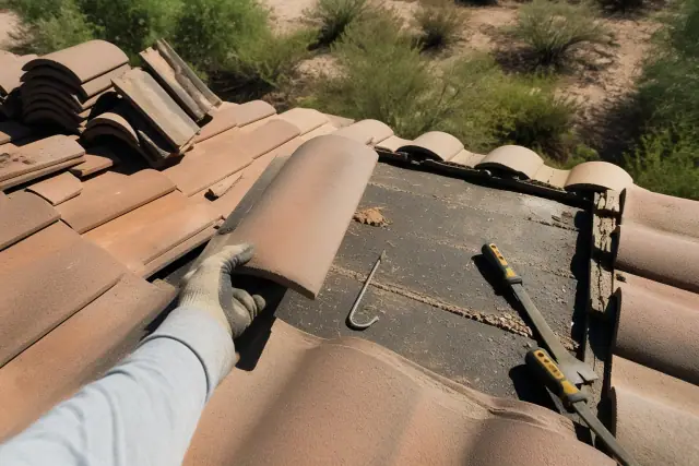 A roofer's hands repairing clay tiles and inspecting the underlayment on a roof in Flowing Wells, AZ.