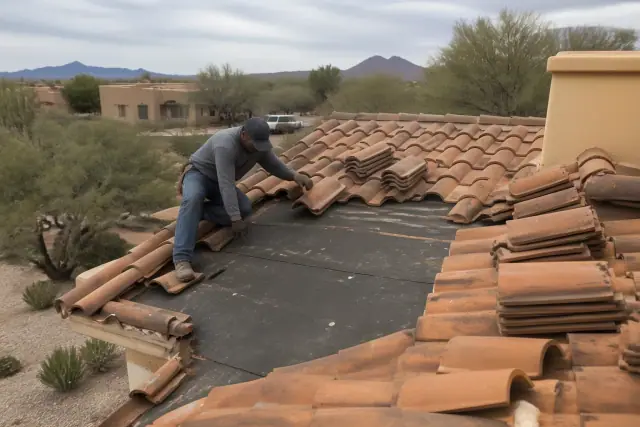 A roofer inspecting clay tiles and underlayment during a roof repair at a home in Casas Adobes, AZ.