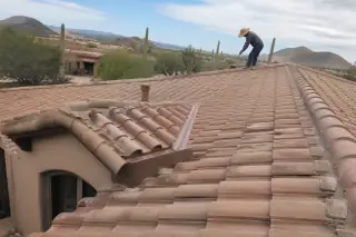 Technician sweeping a completed clay tile roof repair on a stucco home in Tucson, AZ with saguaro cacti.