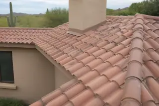 Replacement clay tiles with sealed flashing on a tan stucco home in Tucson, AZ with a saguaro cactus in the background.
