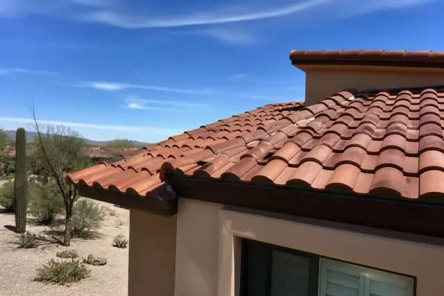 Completed clay tile roof repair with matching replacement tiles on a stucco home in Tucson, AZ.