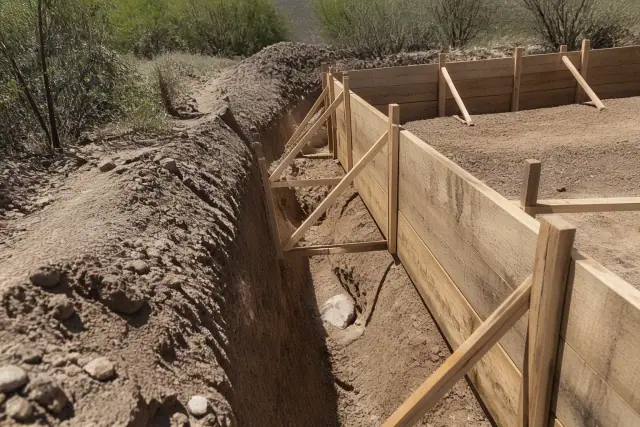 12-inch deep foundation footing trench with wooden formwork in rocky desert soil in Tucson, AZ.