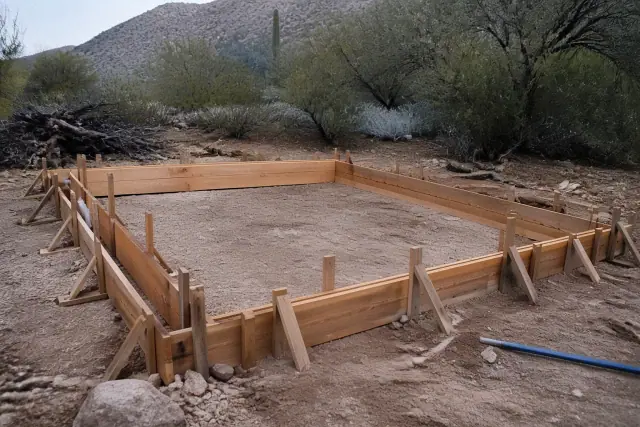 Wooden foundation formwork for a 20x20 patio footprint on a dirt lot in Tucson, AZ.