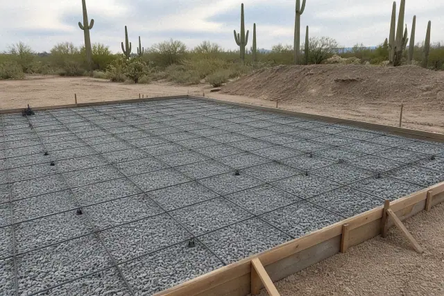 Steel rebar laid in a grid pattern on a gravel base at a jobsite in Tucson, AZ.