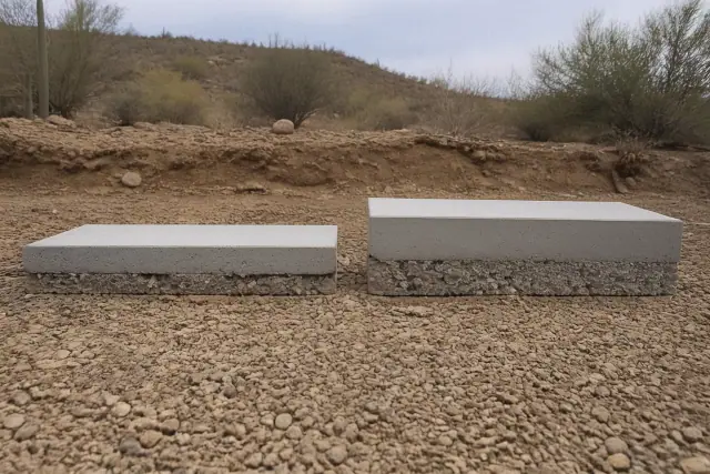 Cross-section comparison of 4-inch and 6-inch concrete slabs on a gravel base at a Tucson, AZ jobsite.