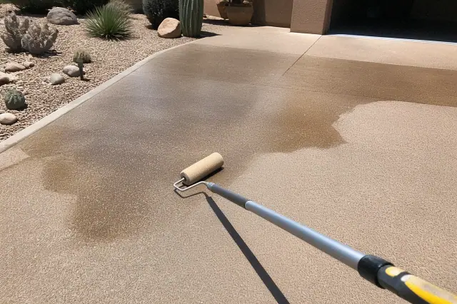 Acrylic concrete sealer being applied with a roller to a residential driveway in Tucson, AZ.