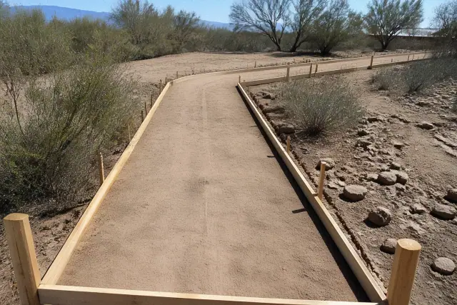 ADA-compliant concrete path with a curb ramp and tactile warning surface in Tucson, AZ.