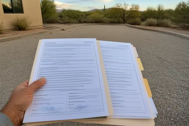 Official license, insurance, and bond documents for a project on a gravel jobsite in Tucson, AZ.