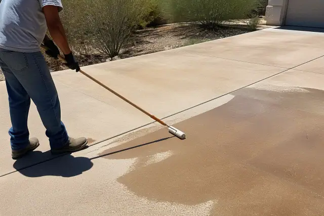 A professional roller brush applying breathable sealer to a residential driveway in Tucson, AZ under harsh sunlight.