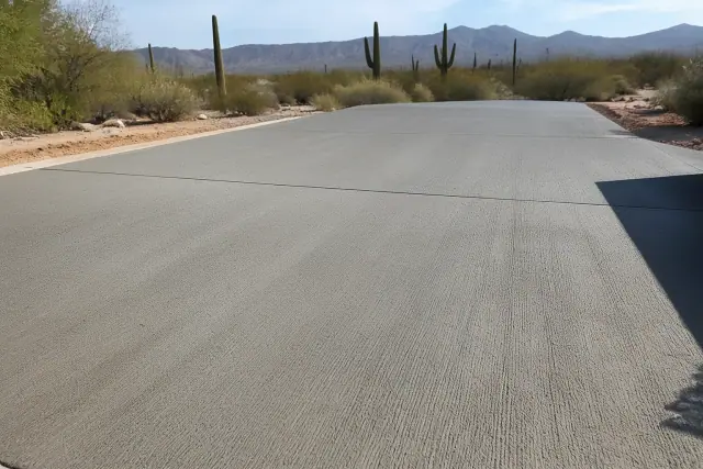 Broom-finish concrete driveway with a textured surface, saguaro silhouettes, and desert soil in Tucson, AZ.