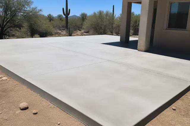 A roller brush applying a clear sealant to a clean concrete slab at a desert jobsite in Tucson, AZ.