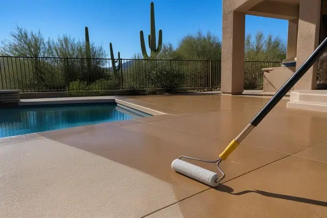 A contractor applies a transparent sealer to a finished concrete pool deck in Tucson, AZ, with saguaro cacti nearby.