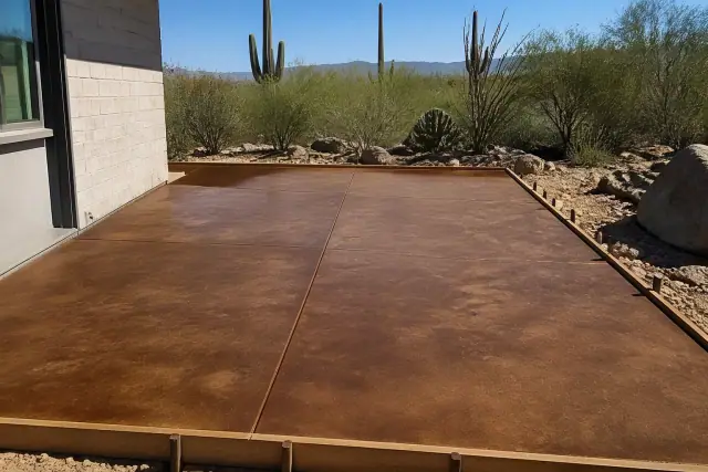 Stained and colored concrete patio with wooden frames in a Tucson, AZ backyard with saguaro cacti and bright sunlight.