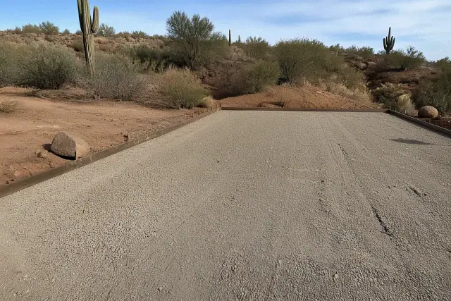 Gravel base prepared for a concrete driveway installation at a job site in Tucson, AZ.