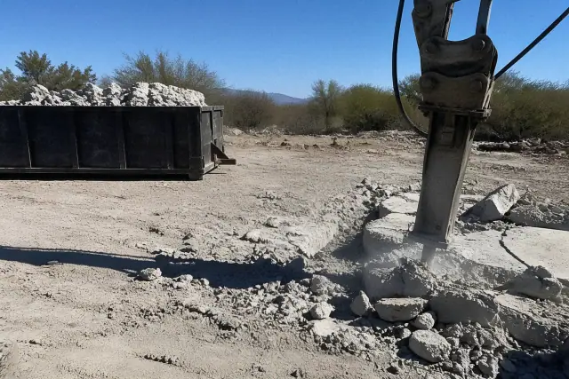 Heavy machinery breaking concrete and loading rubble into a container at a jobsite in Tucson, AZ.