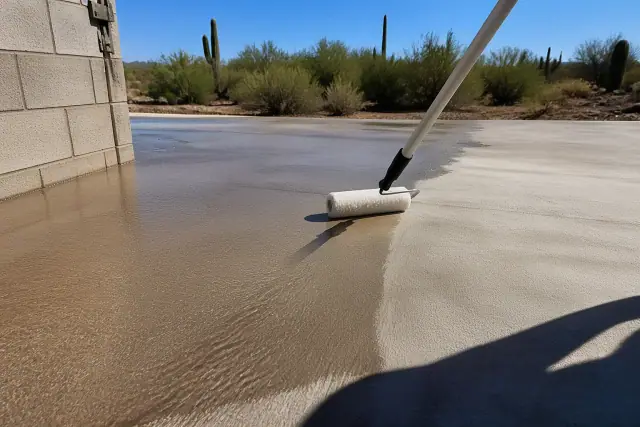 A roller brush applying clear protective sealer to a concrete surface in Tucson, AZ with desert vegetation nearby.