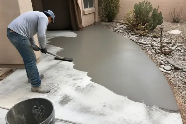 Worker applying a concrete overlay to a driveway at a home with stucco siding and desert landscaping in Tucson, AZ.