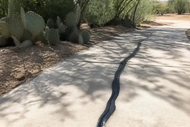 Concrete crack repair and sealing on a sidewalk in Tucson, AZ with desert landscaping and sunlight.