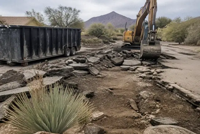 Heavy machinery breaking up and removing old pavement at a concrete demolition jobsite in Green Valley, AZ.