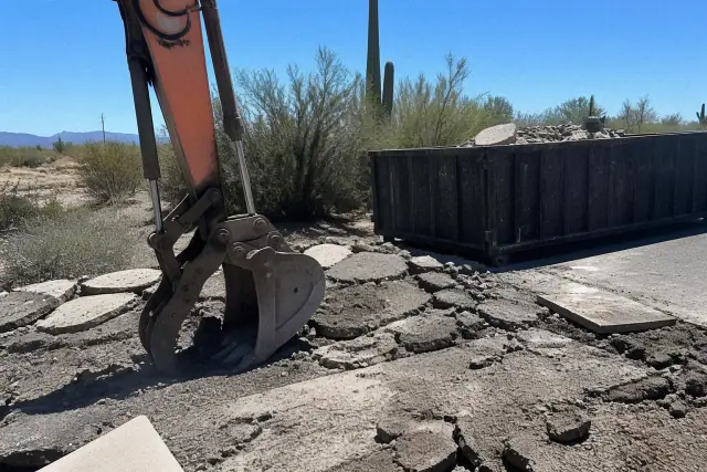 Heavy machinery breaking up old concrete for removal at a desert construction site in Tucson, AZ.