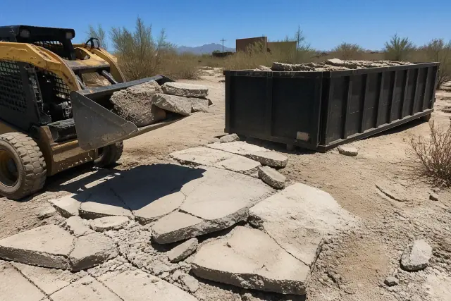Heavy machinery breaking up old concrete and loading rubble into a container at a job site in Flowing Wells, AZ.