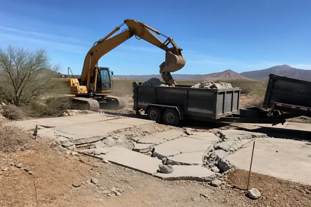 Heavy machinery breaking up old concrete and loading rubble into a container at a jobsite in Drexel Heights, AZ.