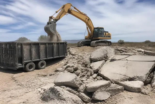 Heavy machinery breaking concrete and loading rubble into a container at a demolition jobsite in Vail, AZ.