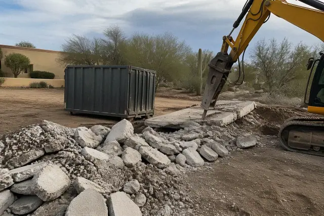 Heavy machinery breaking up concrete and loading debris into a container at a residential jobsite in Sahuarita, AZ.