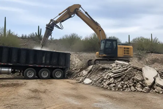 Heavy machinery breaking concrete and loading rubble into a container at a jobsite in Tanque Verde, AZ.