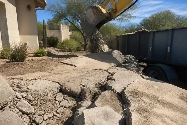 Heavy machinery breaking up old concrete and loading rubble into a container at a residential site in Casas Adobes, AZ.