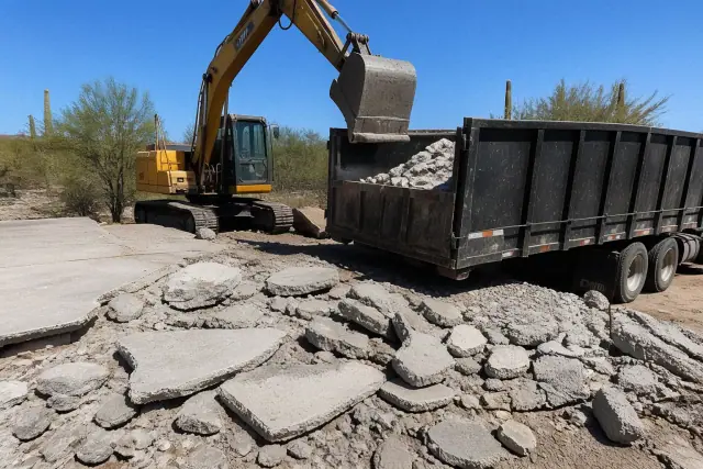 Heavy machinery breaking apart concrete and loading rubble into a container at a construction site in Marana, AZ.
