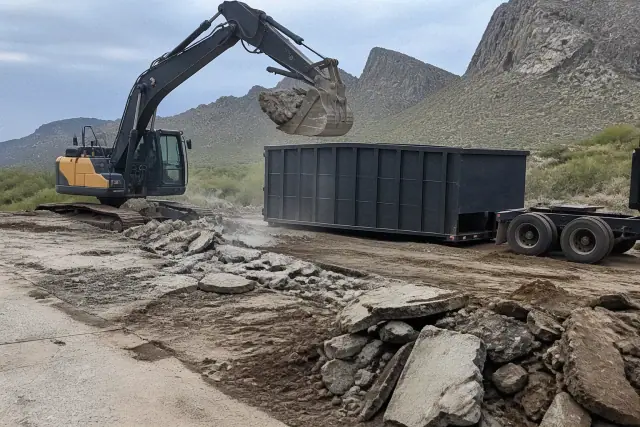 Heavy machinery breaking up cracked pavement and loading rubble into a container at a job site in Oro Valley, AZ.