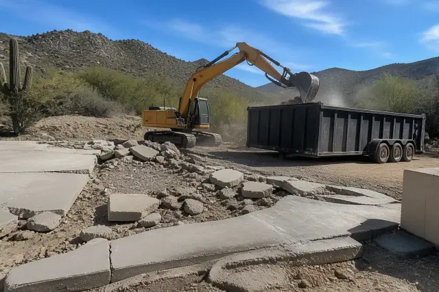 Heavy machinery breaking old concrete and loading rubble into a container at a jobsite in Catalina Foothills, AZ.