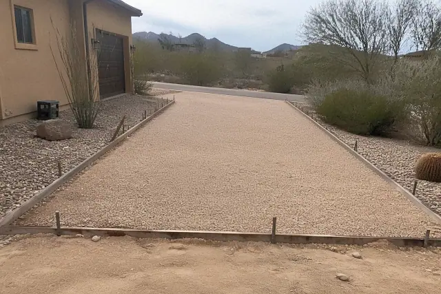 A leveled gravel base prepared for a concrete driveway installation in Vail, AZ, surrounded by Sonoran desert landscaping.